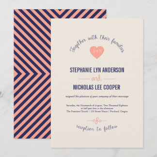 Navy coral curve love heart wedding invitation