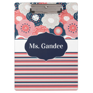 Navy Coral Floral and Stripes Boho Personalized  Clipboard