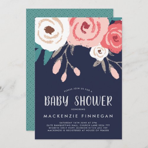 Navy  Coral Floral Baby Shower Invite
