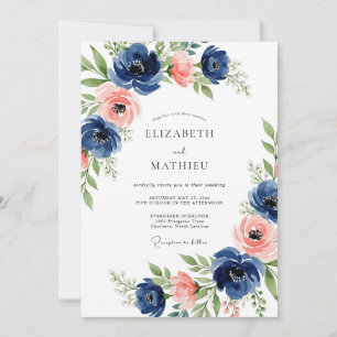 Navy Coral Floral Bliss Wedding Invitation