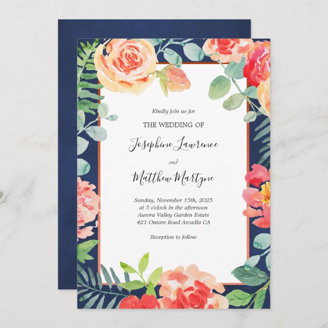 Navy Coral Floral Bloom Wedding Invitation (Front/Back)