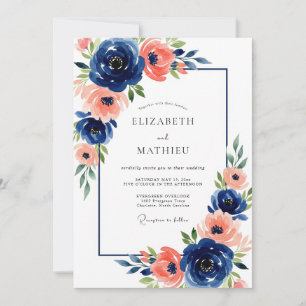 Navy Coral Floral Bloom Wedding Invitation
