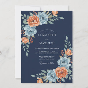 Navy Coral Floral Bouquet Wedding Invitation