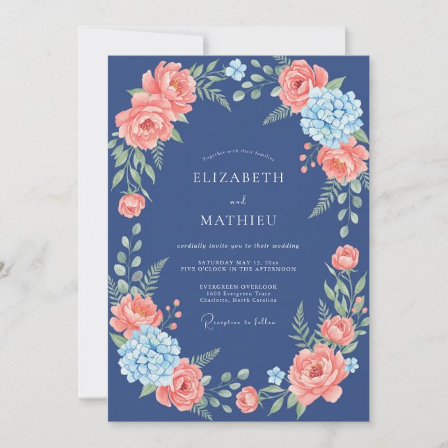 Navy Coral Floral Flourish Wedding Invitation (Front)