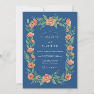 Navy Coral Floral Garland Wedding Invitation