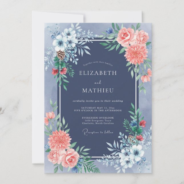 Navy Coral Floral Laurel Wedding Invitation (Front)