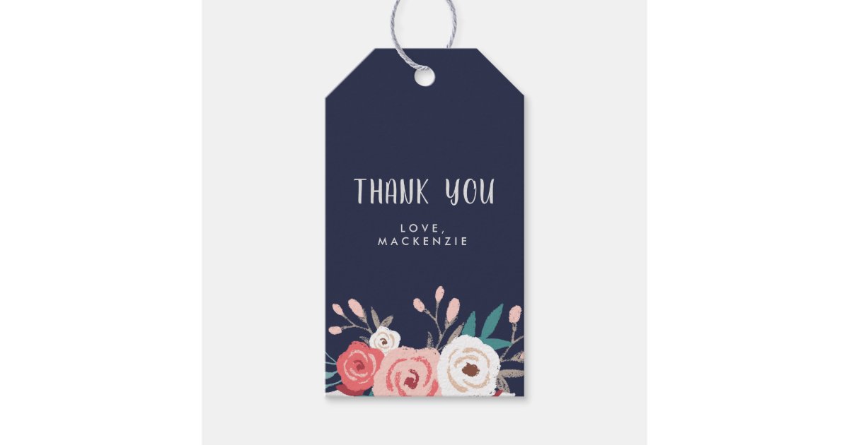 Navy &amp; Coral Floral Personalized Thank You Gift Tags | Zazzle