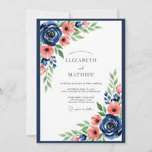 Navy Coral Floral Romance Wedding Invitation