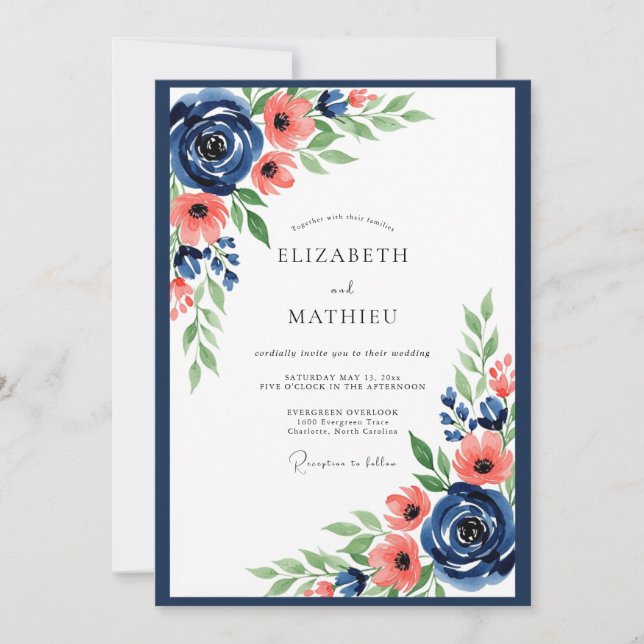 Navy Coral Floral Romance Wedding Invitation (Front)