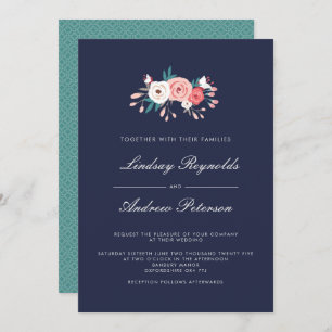 Navy & Coral Floral Wedding Invitation