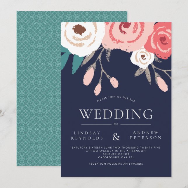 Navy & Coral Floral Wedding Invitation (Front/Back)
