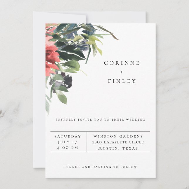Navy Coral Floral Wedding Invitation (Front)