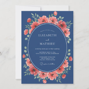 Navy Coral Floral Whimsical Wedding Invitation