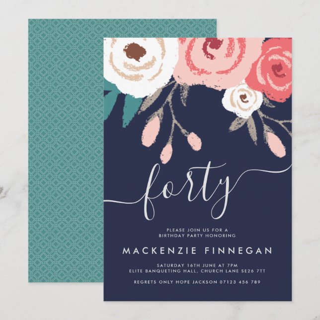 Navy & Coral Fortieth Birthday Party Invitation (Front/Back)