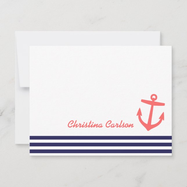 Navy & Coral Nautical Stripes & Anchor Stationery Note Card (Front)
