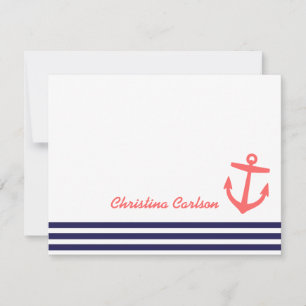 Navy & Coral Nautical Stripes & Anchor Stationery Note Card