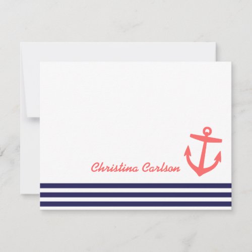 Navy &amp; Coral Nautical Stripes &amp; Anchor Stationery Personalized Invitations