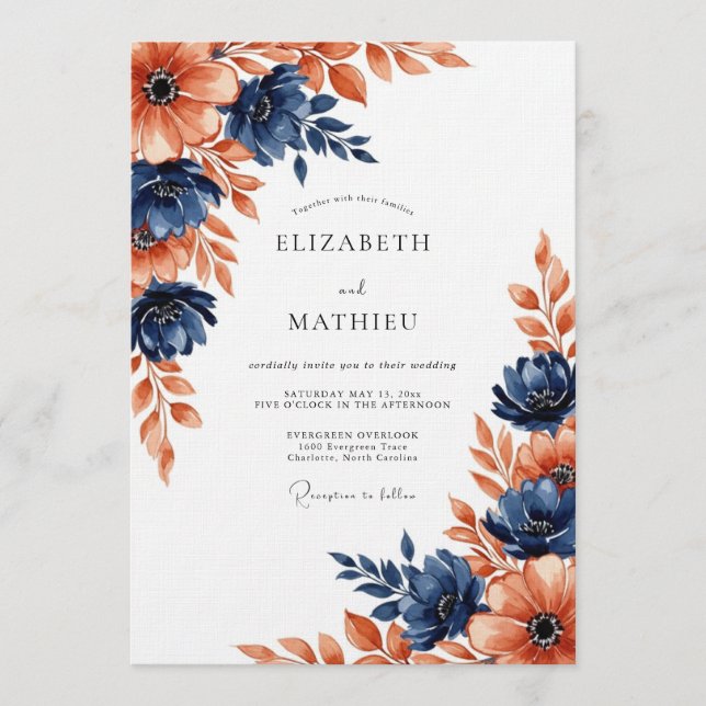 Navy Coral Painterly Blossom Wedding Invitation (Front)