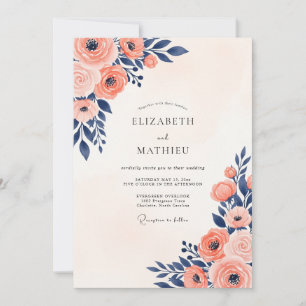 Navy Coral Painterly Summer Wedding Invitation