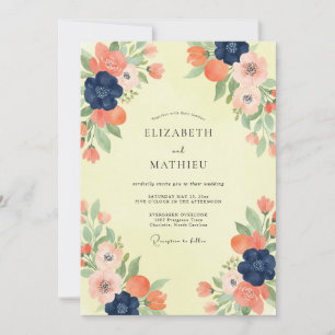 Navy Coral Poppy Wedding Invitation