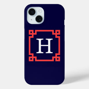 Navy, Coral Red Greek Key Frame #2 Init Monogram iPhone 15 Case