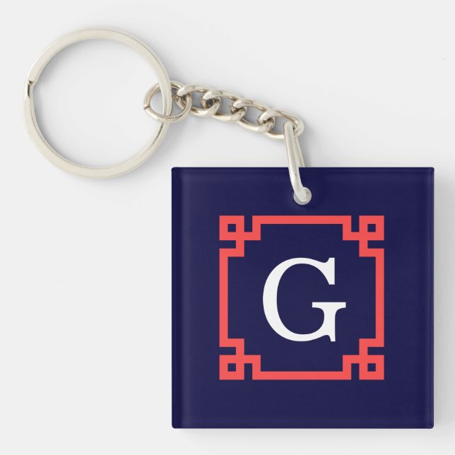 Navy, Coral Red Greek Key Frame #2 Init Monogram Keychain (Front)