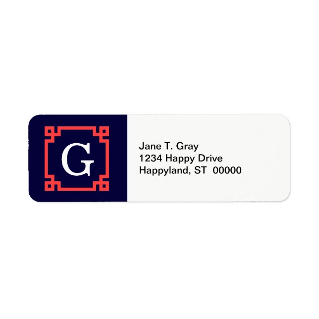 Navy, Coral Red Greek Key Frame #2 Init Monogram Label (Front)