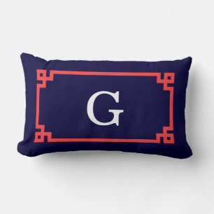Navy, Coral Red Greek Key Frame #2 Init Monogram Lumbar Pillow