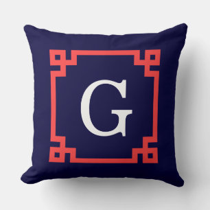 Navy, Coral Red Greek Key Frame #2 Init Monogram Throw Pillow