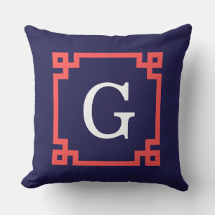 Navy, Coral Red Greek Key Frame #2 Init Monogram Throw Pillow