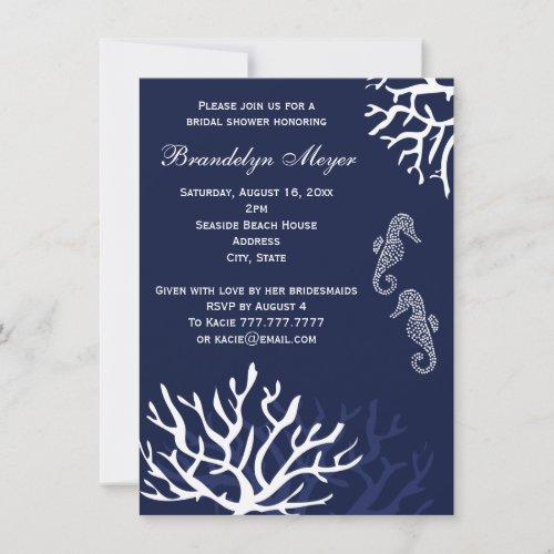 Navy Coral Reef Seahorse Bridal Shower Invitations