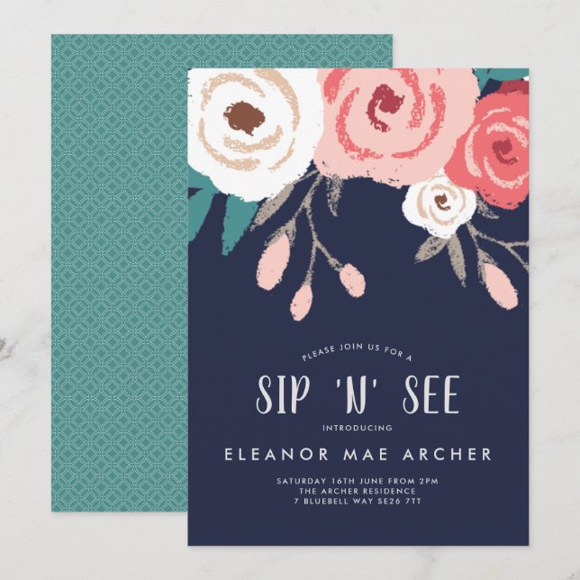 Navy & Coral Sip and See Floral Invitation (Front/Back)