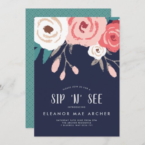 Navy  Coral Sip and See Floral Invitation