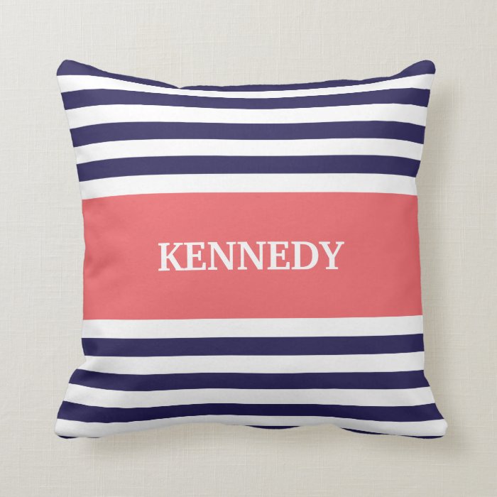 Navy Coral Stripes Monogram Throw Pillow Zazzle