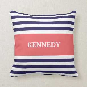 Navy Coral Stripes Monogram Throw Pillow