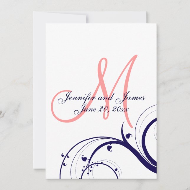 Navy Coral Swirl Monogram Wedding Invitation (Front)