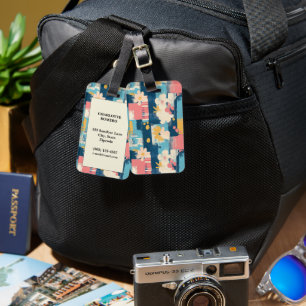 Navy Coral Turquoise Color Block Floral Luggage Tag