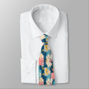 Navy Coral Turquoise Color Block Floral Neck Tie