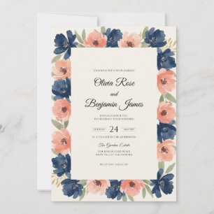 Navy Coral Wreath Wedding Invitation