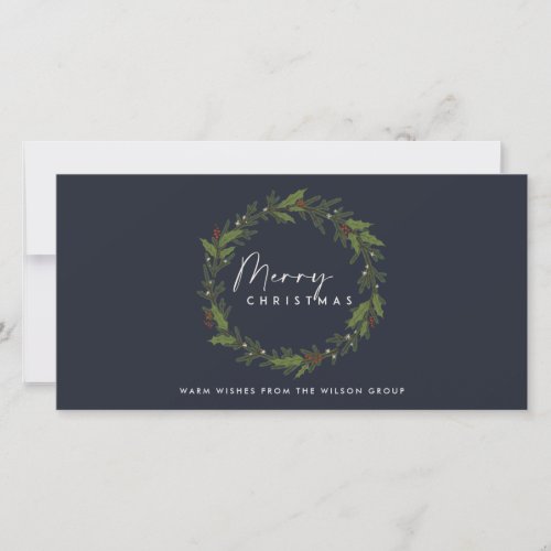 NAVY CORPORATE MODERN HOLLY BERRY WREATH CHRISTMAS HOLIDAY CARD