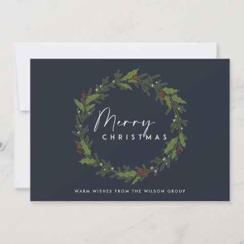 NAVY CORPORATE SIMPLE HOLLY BERRY WREATH CHRISTMAS HOLIDAY CARD