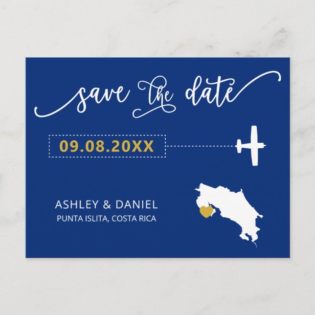 Navy Costa Rica Wedding Save the Date Map Postcard (Front)