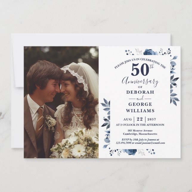 Navy Country Floral 50th Wedding Anniversary Photo Invitation (Front)
