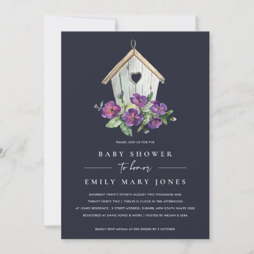 NAVY COUNTRY RUSTIC FLORAL BIRDHOUSE BABY SHOWER INVITATION