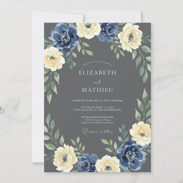 Navy Cream Botanical Arch Wedding Invitation (Front)