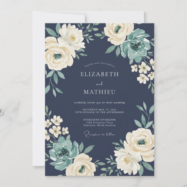 Navy Cream Botanical Romance Wedding Invitation (Front)