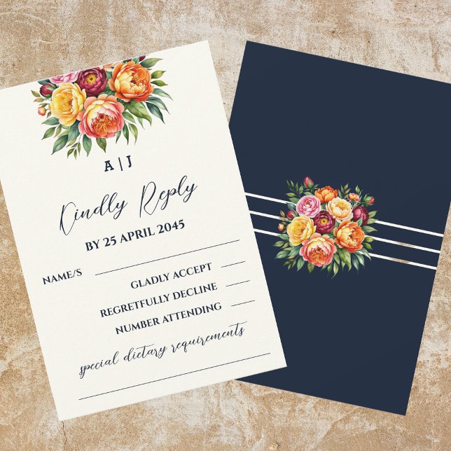 Navy Cream Burgundy Peony Roses Floral Wedding  RSVP Card (Creator Uploaded)