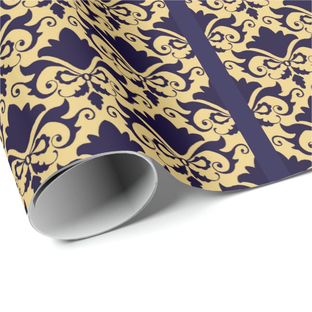 Navy Cream Damask Bows Wrapping Paper (Roll Corner)