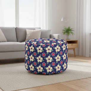 Navy, Cream & Deep Red Accent Floral Pouf
