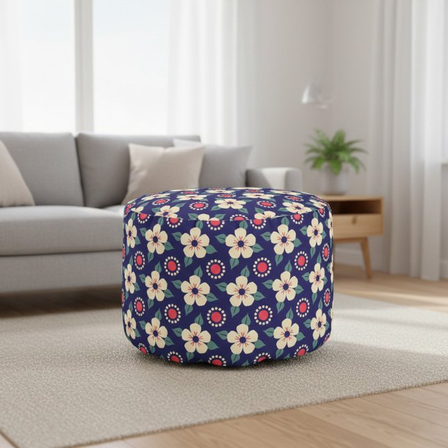 Navy, Cream & Deep Red Accent Floral Pouf (Creator Uploaded)